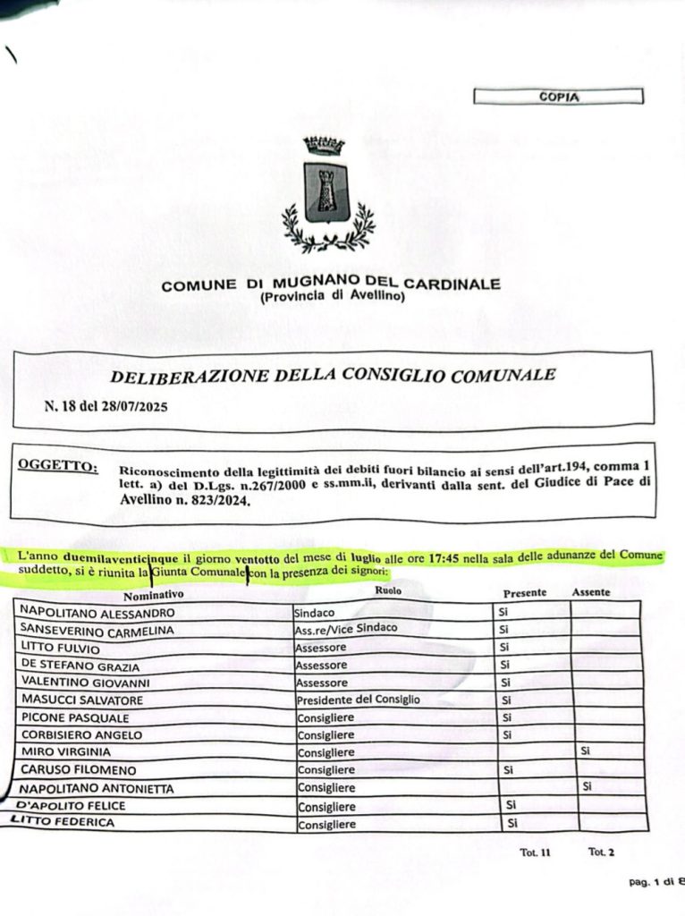 MUGNANO. IL GRUPPO NUOVA ALLEANZA POPOLARE CHIEDE L’ANNULLAMENTO DEL CONSIGLIO COMUNALE DEL 28 LUGLIO 2025