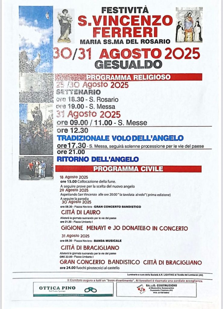 Gesualdo celebra San Vincenzo Ferreri e Maria SS.ma del Rosario: atteso il “Volo dell’Angelo”