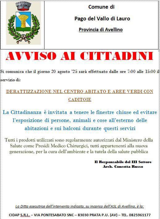 Pago del Vallo di Lauro: derattizzazione in programma il 20 agosto