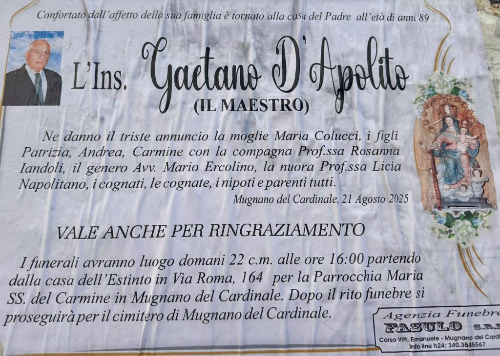 Mugnano del Cardinale – Addio al Maestro Gaetano D’Apolito: un faro di saggezza e umanità che ha illuminato generazioni
