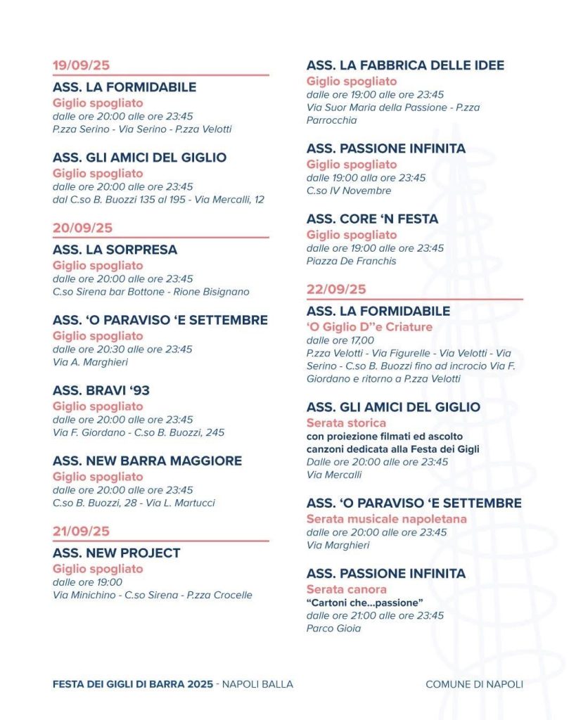 Napoli, torna la Festa dei Gigli di Barra 2025: un mese di tradizione e comunità