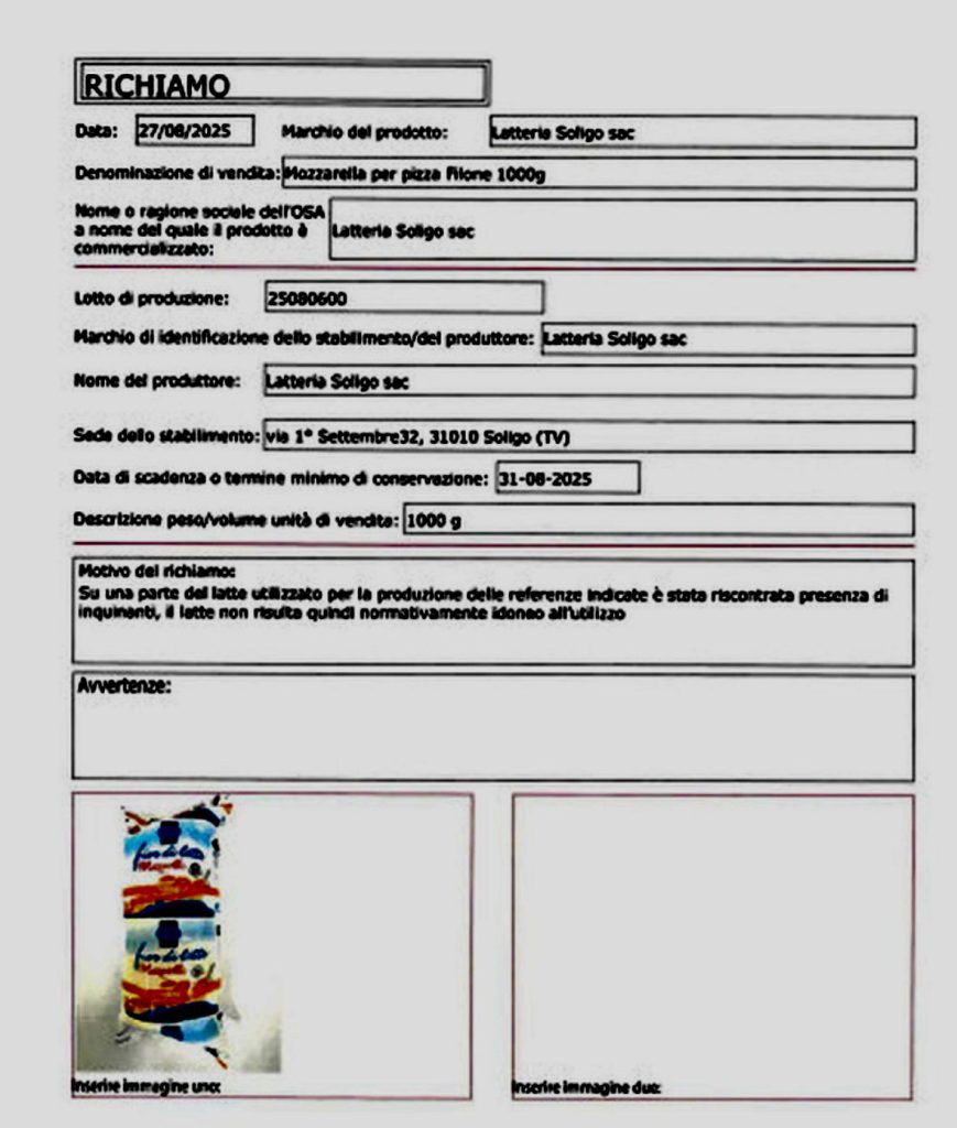 Allarme alimentare: ritirate mozzarelle per pizza contaminate da latte inquinato
