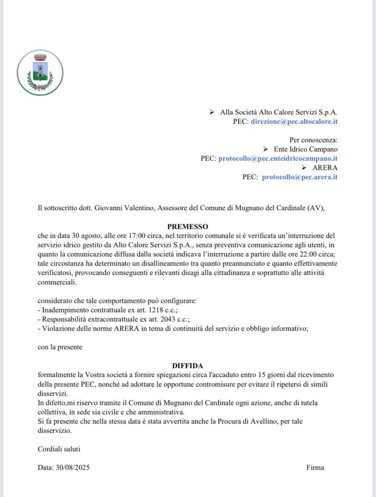 Acqua interrotta senza preavviso: Mugnano del Cardinale si rivolge alla Procura contro Alto Calore