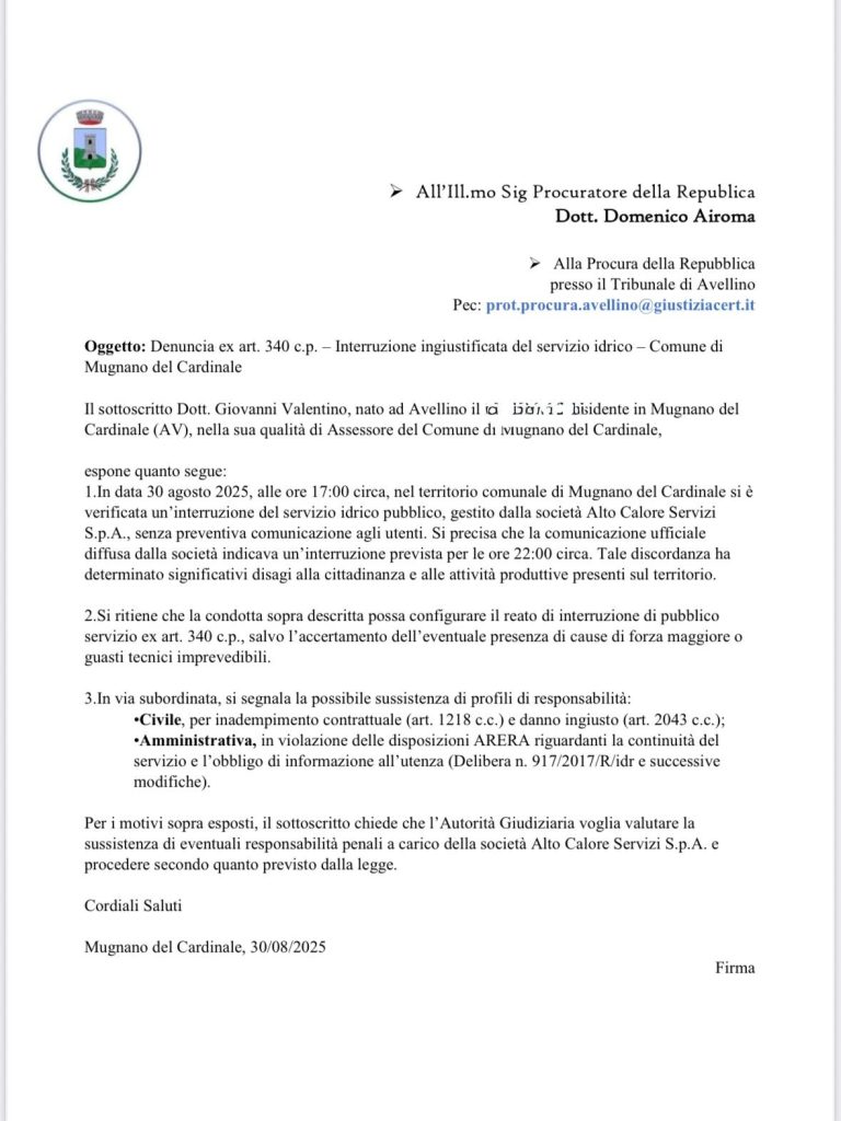 Acqua interrotta senza preavviso: Mugnano del Cardinale si rivolge alla Procura contro Alto Calore