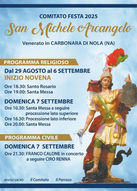 Carbonara di Nola in festa per San Michele Arcangelo. Conto alla rovescia per il 7 settembre: tra fede, processioni e grandi nomi della musica napoletana
