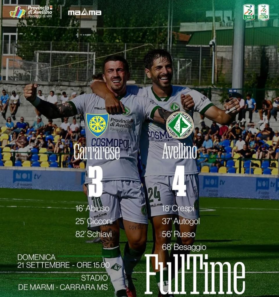 Calcio Serie B, 4a giornata. Pazzesco Avellino, vince 3 4 a Carrara in dieci per più di un tempo