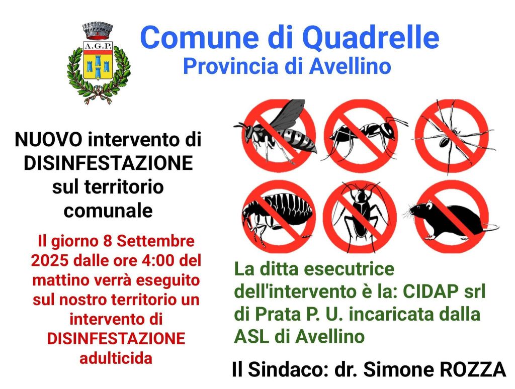 Quadrelle: nuovo intervento di disinfestazione l’8 settembre
