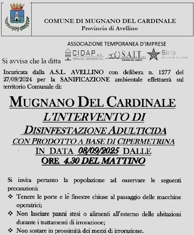 Mugnano del Cardinale, stanotte la disinfestazione: porte e finestre chiuse dalle 4.30