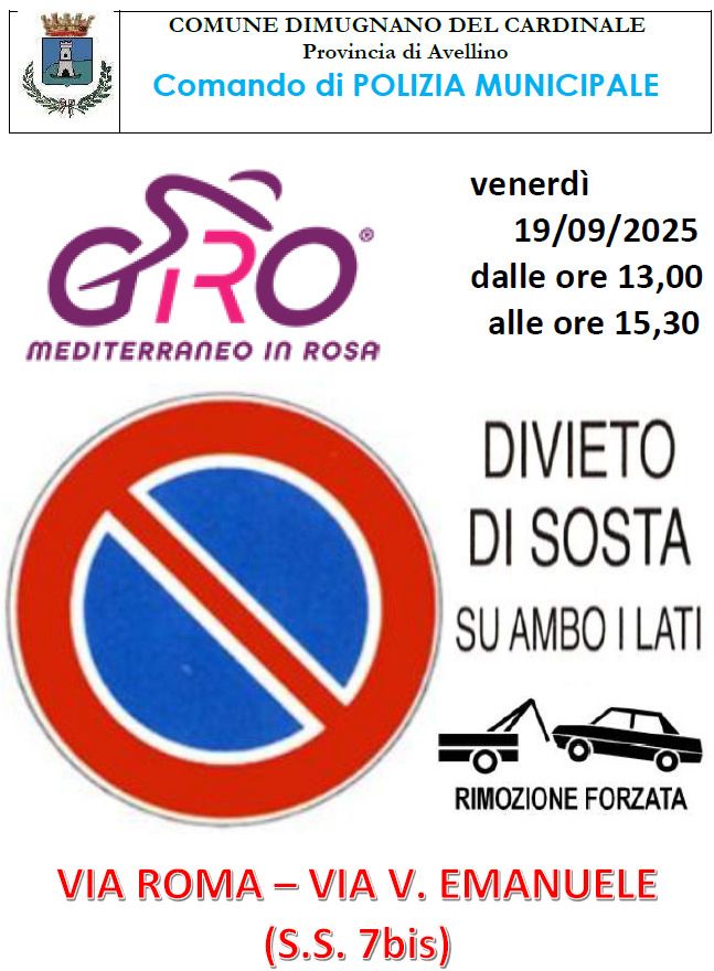 Mugnano del Cardinale: Giro Mediterraneo in Rosa, stop alla sosta: strade chiuse venerdì pomeriggio