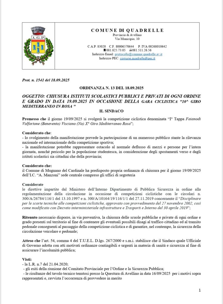 Giro Mediterraneo in Rosa: scuole chiuse a Quadrelle, Mugnano del Cardinale e Sirignano