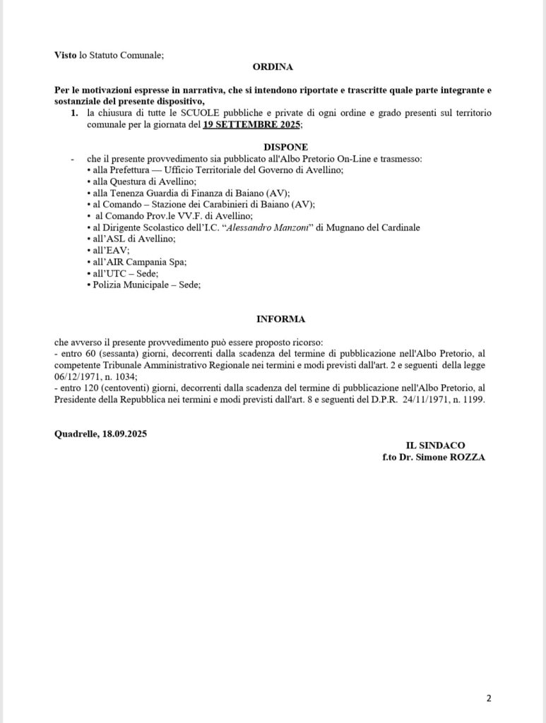 Giro Mediterraneo in Rosa: scuole chiuse a Quadrelle, Mugnano del Cardinale e Sirignano