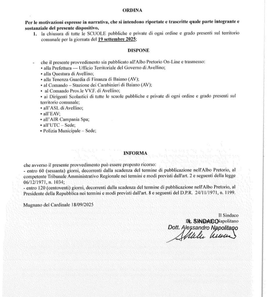 Giro Mediterraneo in Rosa: scuole chiuse a Quadrelle, Mugnano del Cardinale e Sirignano