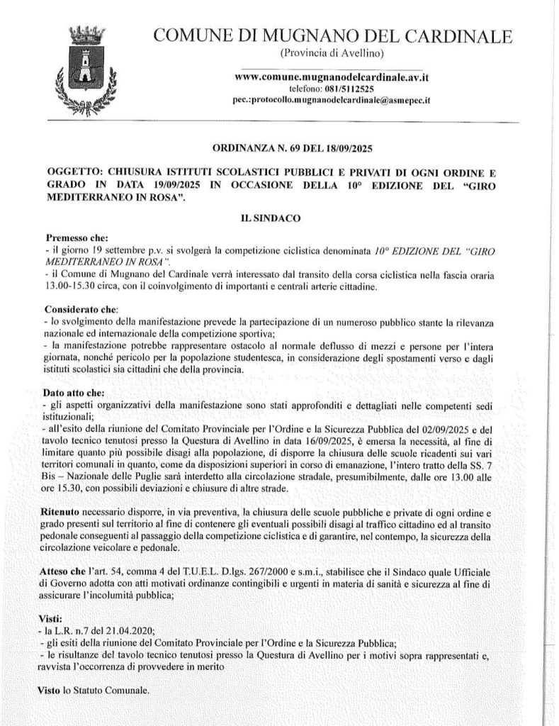 Giro Mediterraneo in Rosa: scuole chiuse a Quadrelle, Mugnano del Cardinale e Sirignano