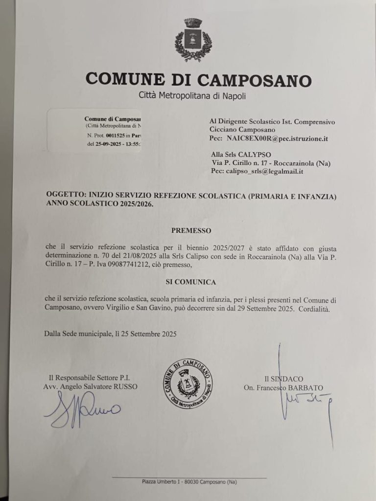 Camposano, al via dal 29 settembre il servizio mensa scolastica per primaria e infanzia