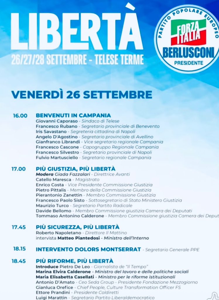 Forza Italia a Telese Terme, seconda giornata della convention “Libertà”: focus su innovazione, energia e crescita
