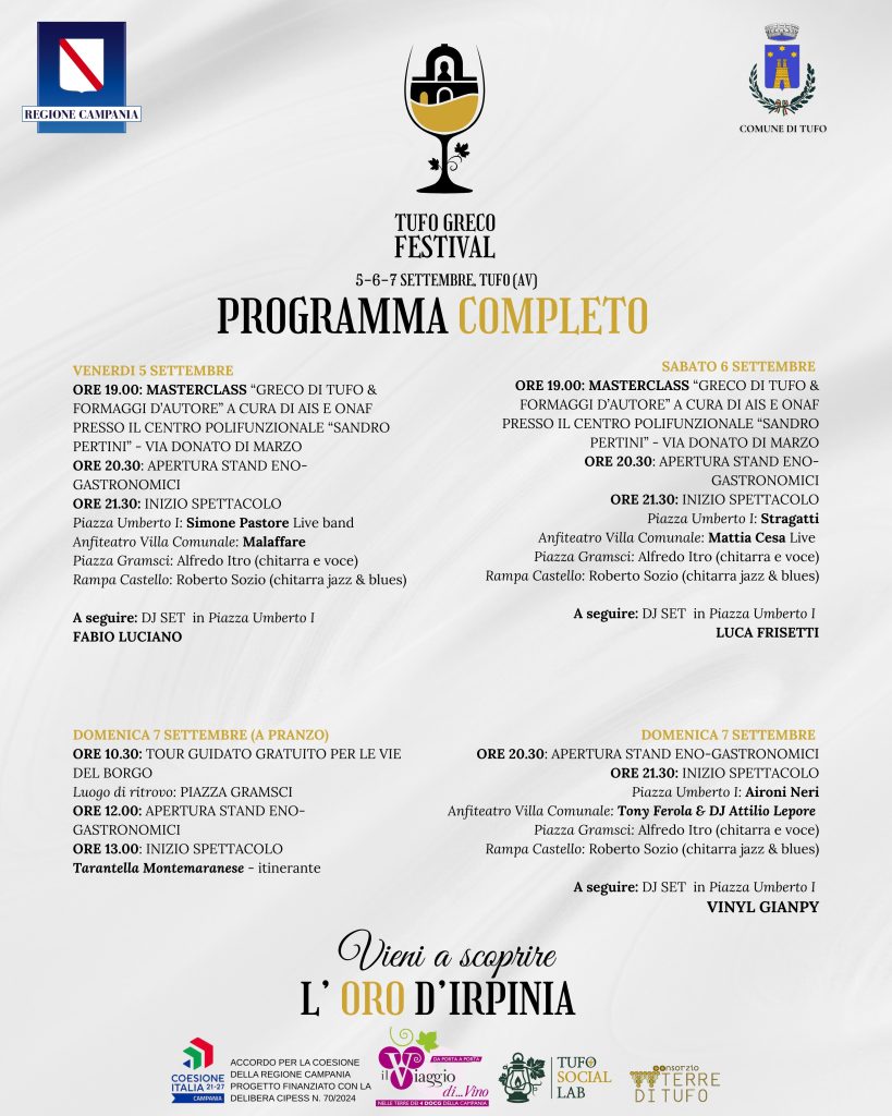 XXXIX Tufo Greco Festival, l’Oro d’Irpinia torna a brillare dal 5 al 7 settembre
