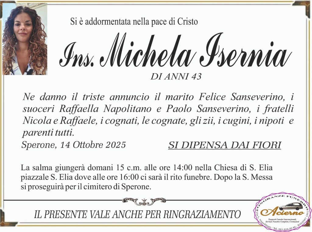 Sperone in lutto per la scomparsa della giovane professoressa Michela Isernia Sperone in lutto per la scomparsa della giovane professoressa Michela Isernia