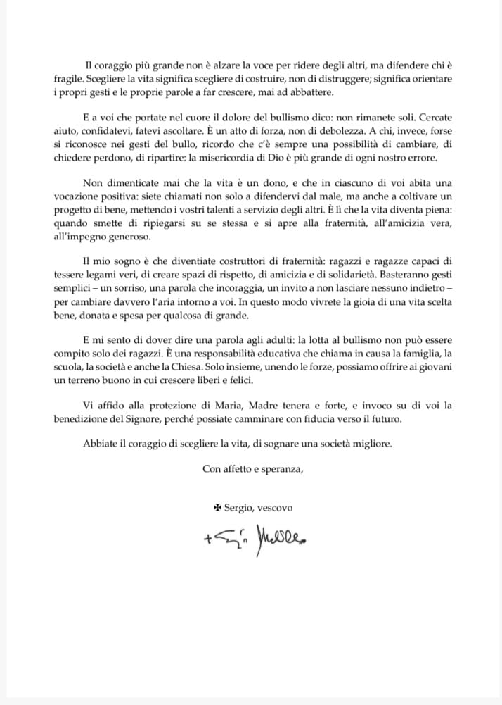 Flumeri, lettera contro il bullismo di Mons. Sergio Melillo Vescovo della diocesi di Ariano Irpino e Lacedonia.