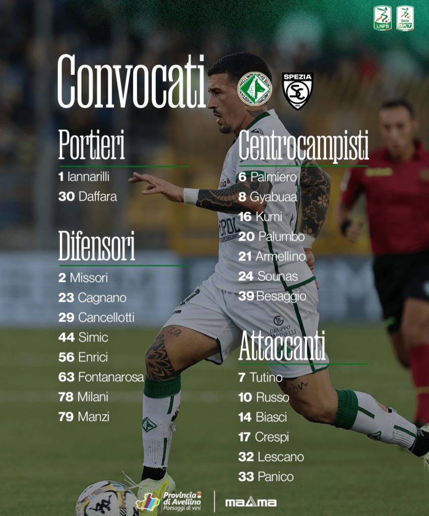 U.S. Avellino. I convocati per la gara contro lo Spezia U.S. Avellino. I convocati per la gara contro lo Spezia