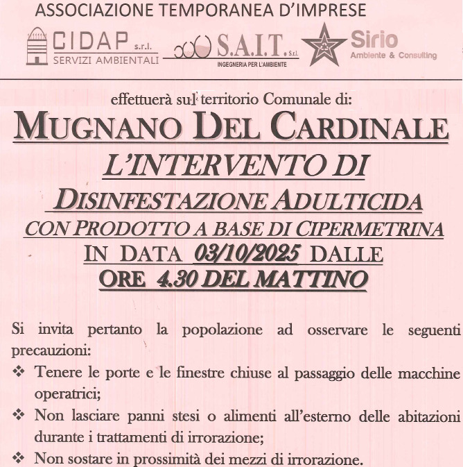 Mugnano del Cardinale, disinfestazione adulticida il 3 ottobre alle ore 4:30
