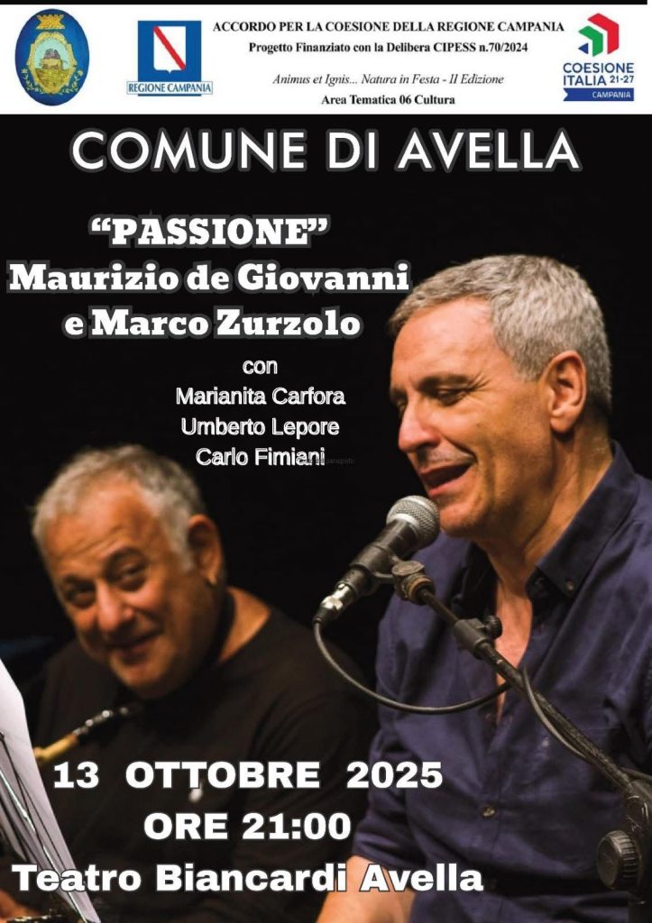 Avella, al Teatro Biancardi lo spettacolo “Passione” con Maurizio de Giovanni e Marco Zurzolo