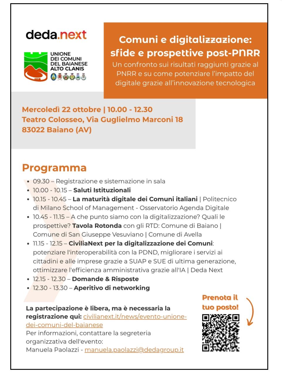 Comuni e digitalizzazione, a Baiano il confronto sul futuro post PNRR