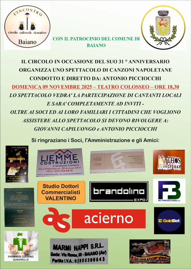 Baiano, il Circolo “L’Incontro” festeggia 31 anni con uno spettacolo di canzoni napoletane
