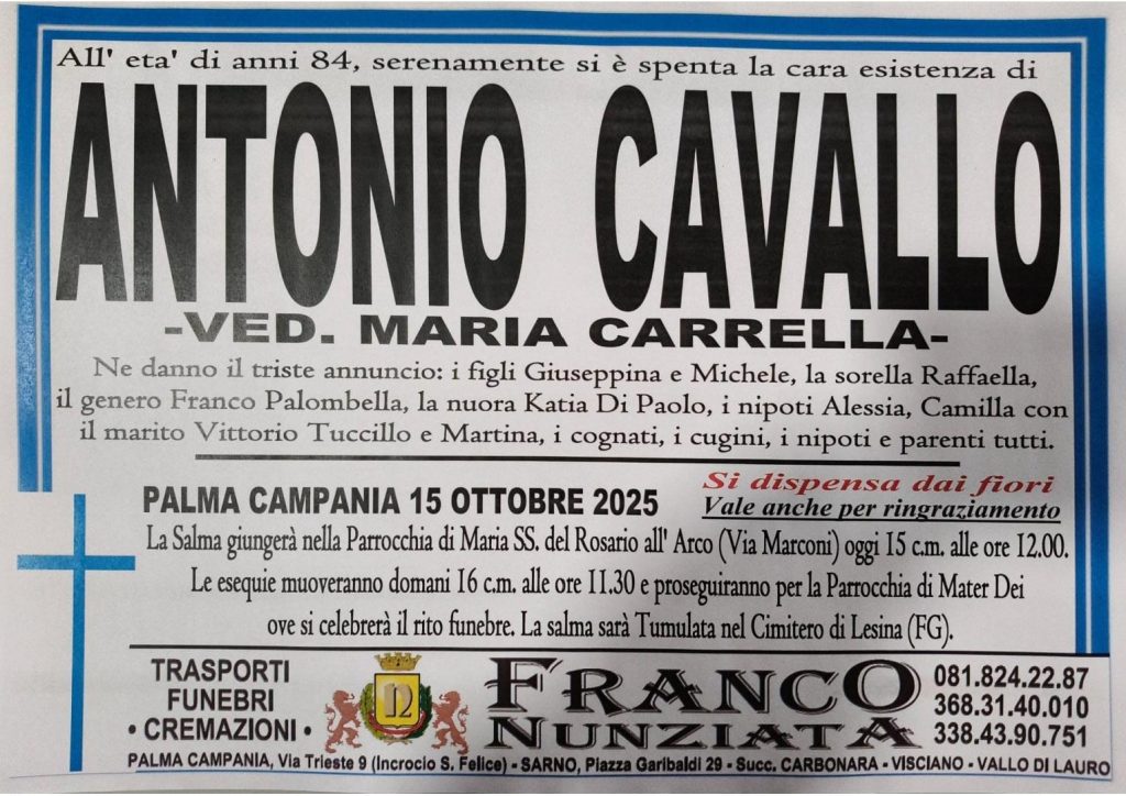 NON E PIU. Palma Campania, si è spento all’età di 84 anni Antonio Cavallo