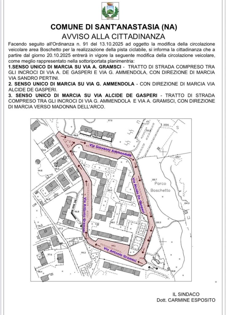 Sant’Anastasia, in corso i lavori per la pista ciclabile a Tortora Brayda: modifiche alla viabilità nell’area del Boschetto dal 20 ottobre