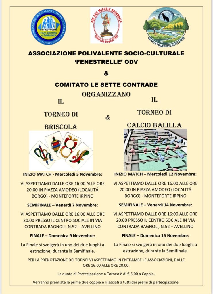 Monteforte Irpino, al via i tornei di Briscola e Calcio Balilla organizzati dalle associazioni “Fenestrelle” e “Le Sette Contrade”