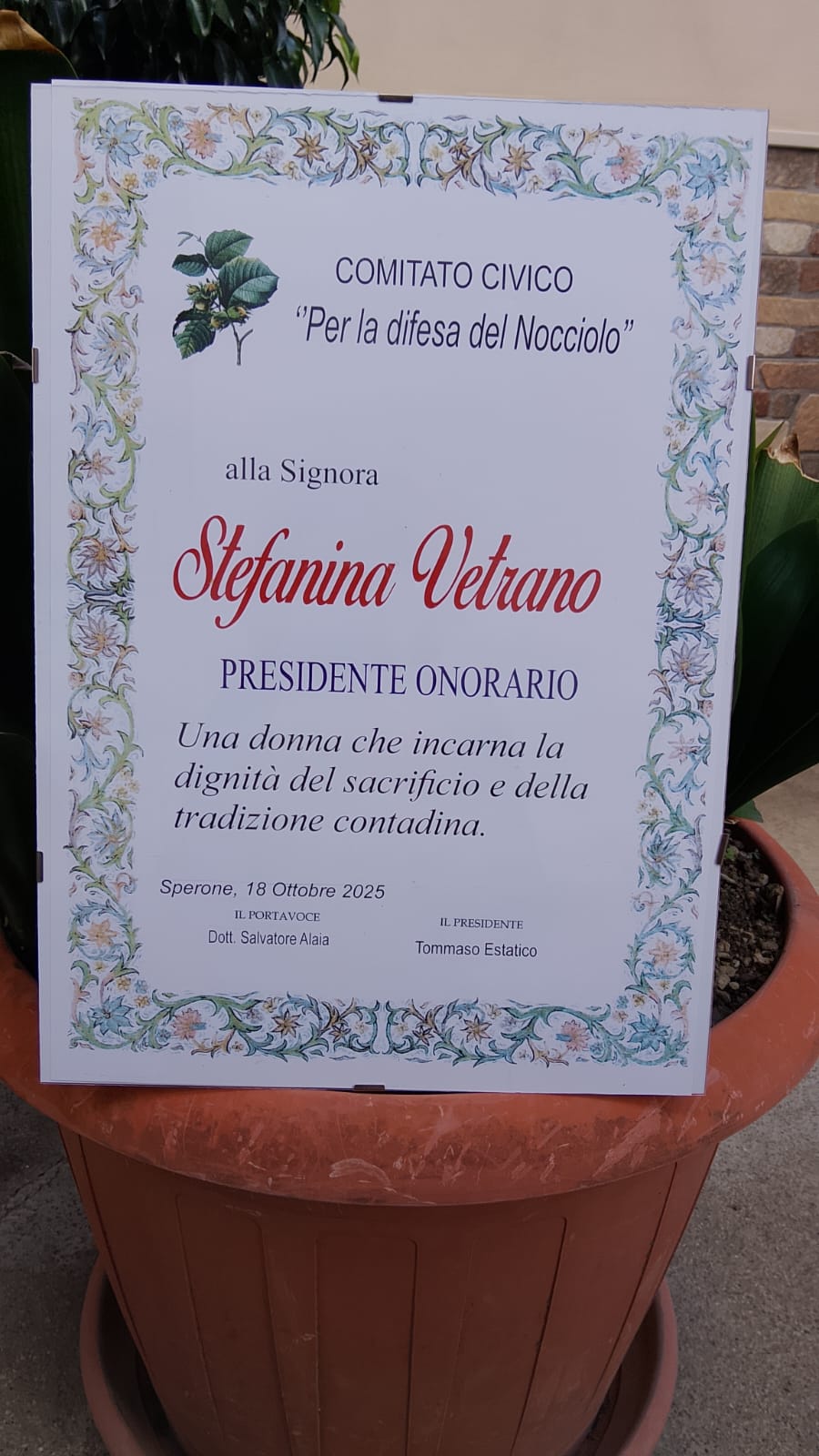 Il Comitato Civico per la Difesa del Nocciolo premia la Signora Stefanina Vetrano: simbolo di dignità e tradizione contadina