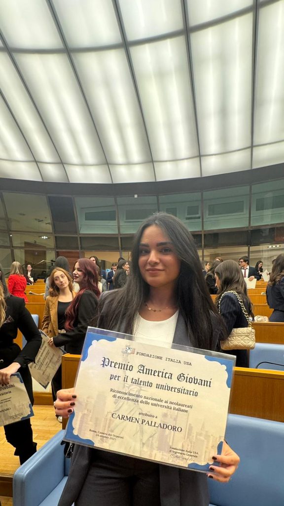 Avella, la giovane Carmen Palladoro premiata alla Camera dei Deputati con la borsa di studio “Premio America Giovani” della Fondazione Italia USA