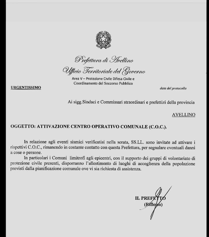 Sisma in Irpinia, la Prefettura ordina l’attivazione dei C.O.C.: in azione anche Mugnano del Cardinale, Baiano, Avella e Quadrelle