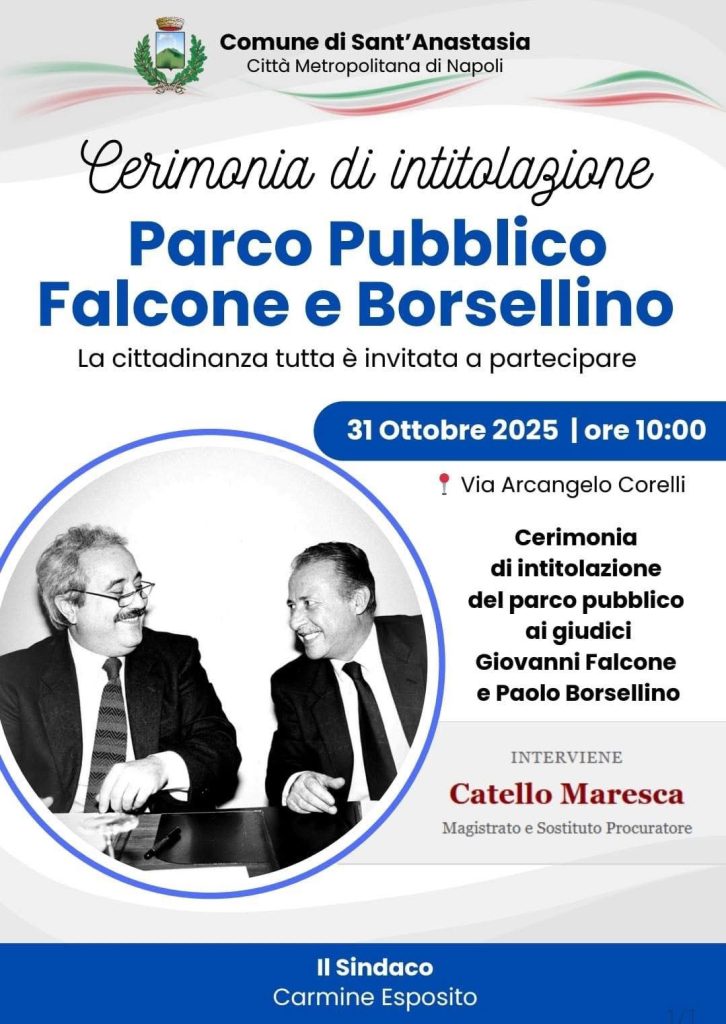 Sant’Anastasia, il Green Park sarà intitolato ai giudici Giovanni Falcone e Paolo Borsellino