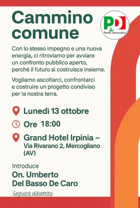 Irpinia, il PD riparte dal “Cammino Comune”: un incontro per costruire insieme il futuro del territorio