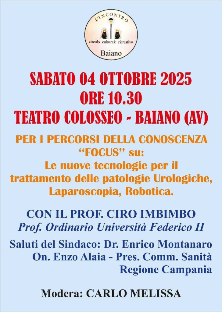 Baiano ospita un convegno sulle nuove tecnologie in urologia: laparoscopia e robotica al centro del dibattito