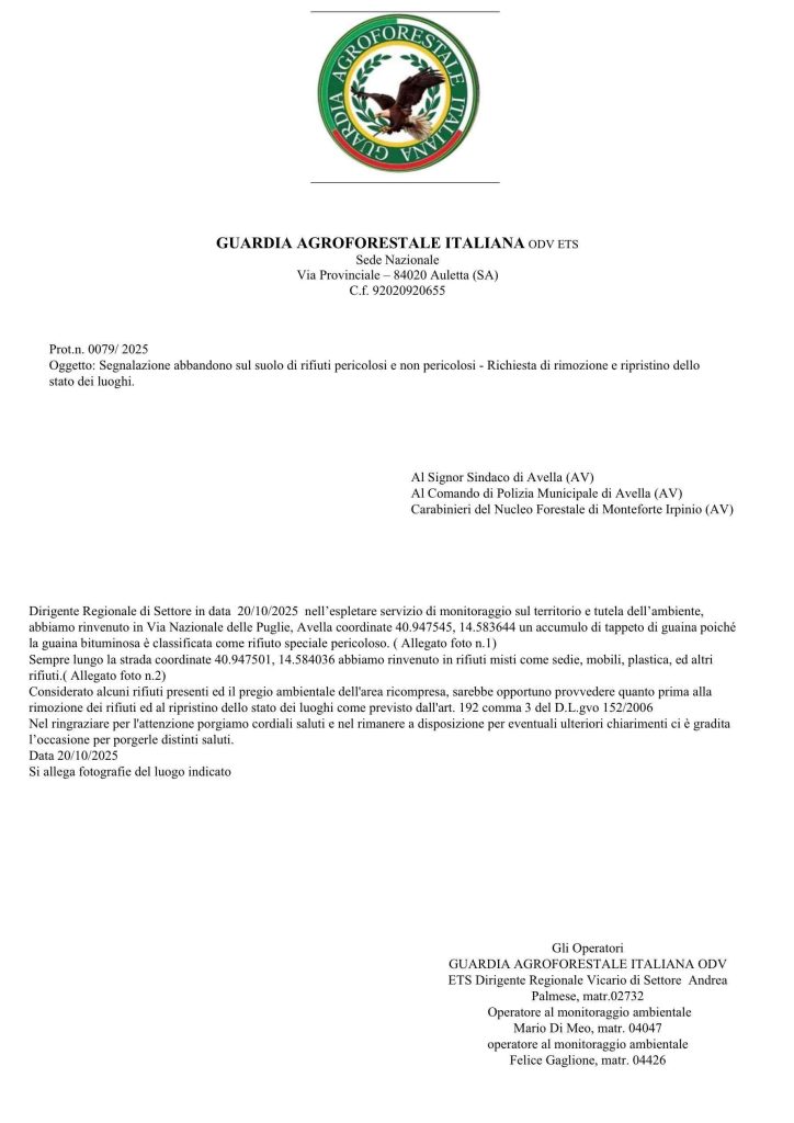 Avella, segnalato abbandono di rifiuti pericolosi lungo la Via Nazionale delle Puglie dalla Guardia Agroforestale Italiana Avella, segnalato abbandono di rifiuti pericolosi lungo la Via Nazionale delle Puglie dalla Guardia Agroforestale Italiana