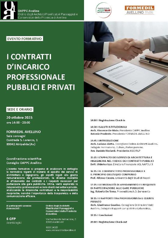 I contratti d’incarico professionale pubblici e privati, ne discutono gli architetti irpini