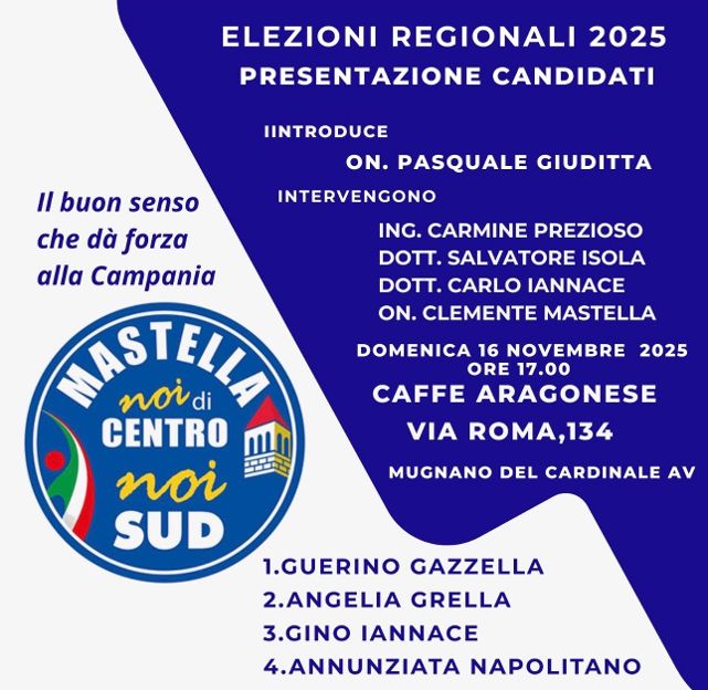 Elezioni Regionali 2025, Mastella presenta i candidati a Mugnano del Cardinale: appuntamento domenica 16 novembre al Caffè Aragonese
