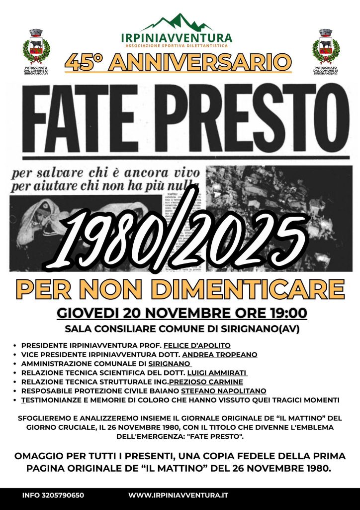 Sirignano, un momento per ricordare: evento in Sala Consiliare a 45 anni dal terremoto dell’Irpinia