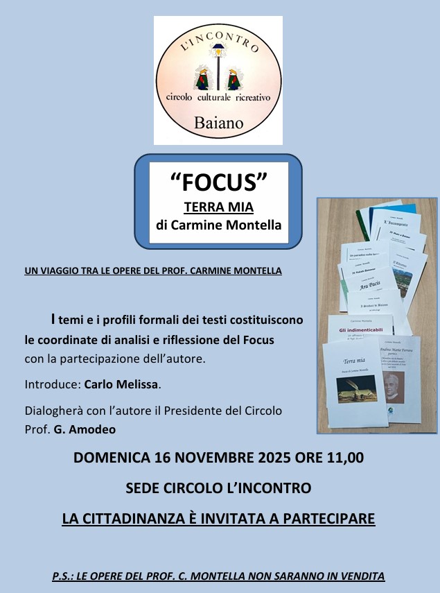 Baiano, il Circolo “L’Incontro” celebra Carmine Montella con il focus “Terra Mia”