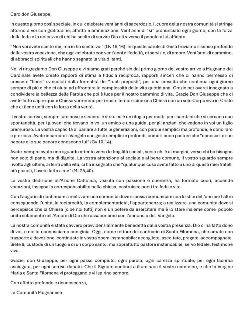 “Siete luce e custode del nostro cammino”: la lettera della comunità di Mugnano del Cardinale a Don Giuseppe