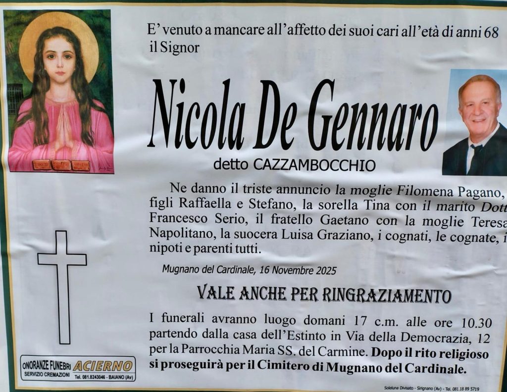 Mugnano del Cardinale in lutto per la scomparsa di Nicola De Gennaro