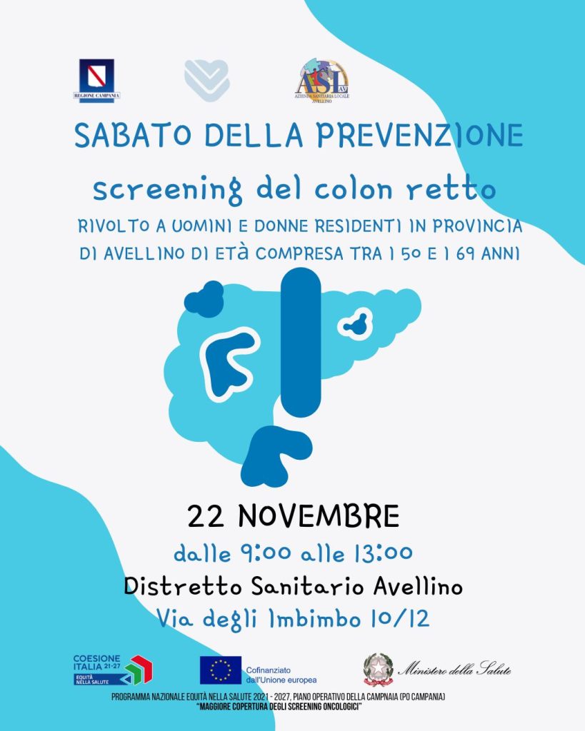 Nuovo appuntamento con il Sabato della Prevenzione oncologica dell’Asl di Avellino. Screening della mammella e del colon retto il 22 novembre presso il Distretto Sanitario di via degli Imbimbo Nuovo appuntamento con il Sabato della Prevenzione oncologica dell’Asl di Avellino. Screening della mammella e del colon retto il 22 novembre presso il Distretto Sanitario di via degli Imbimbo