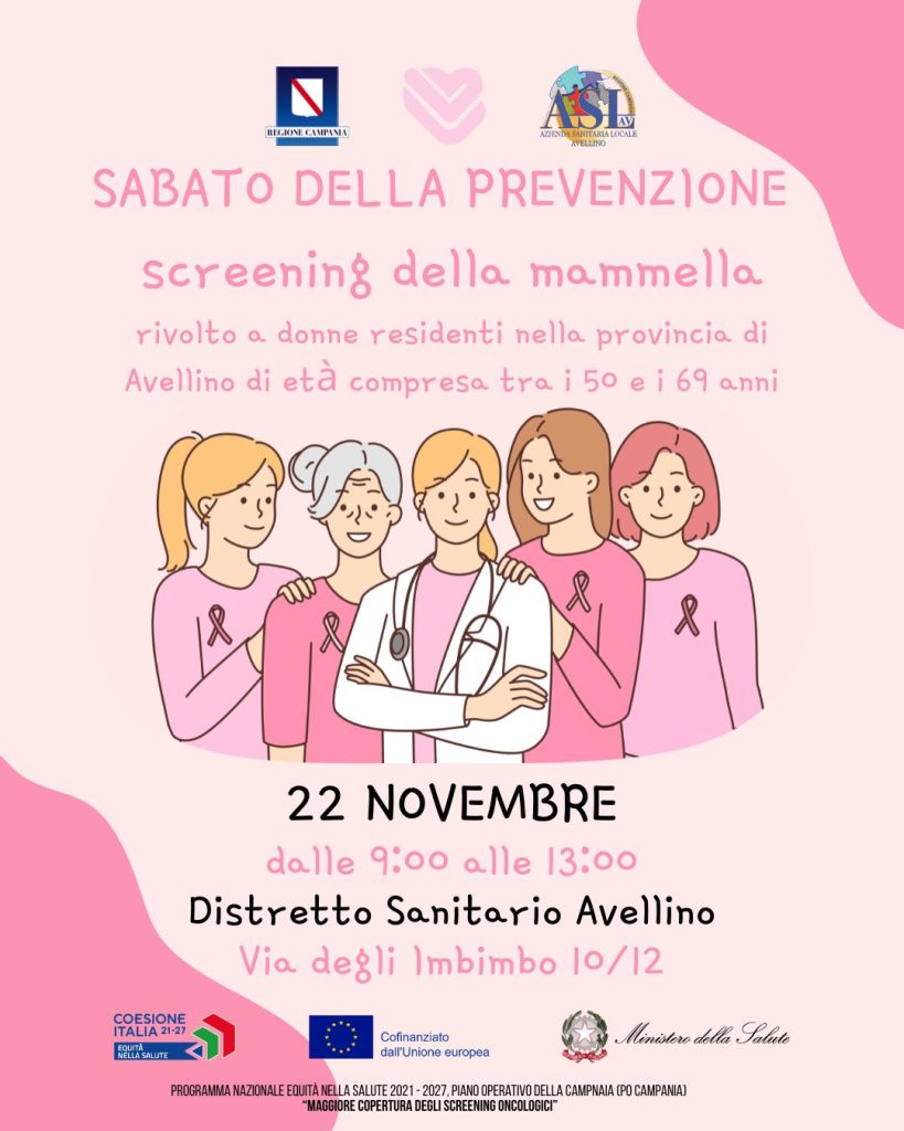 Nuovo appuntamento con il Sabato della Prevenzione oncologica dell’Asl di Avellino. Screening della mammella e del colon retto il 22 novembre presso il Distretto Sanitario di via degli Imbimbo Nuovo appuntamento con il Sabato della Prevenzione oncologica dell’Asl di Avellino. Screening della mammella e del colon retto il 22 novembre presso il Distretto Sanitario di via degli Imbimbo