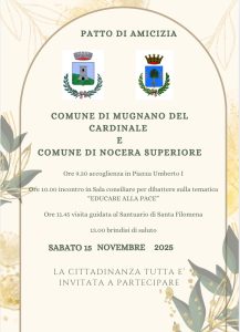 Mugnano del Cardinale, sabato il dibattito “Educare alla Pace” nell’ambito del Patto di Amicizia con Nocera Superiore