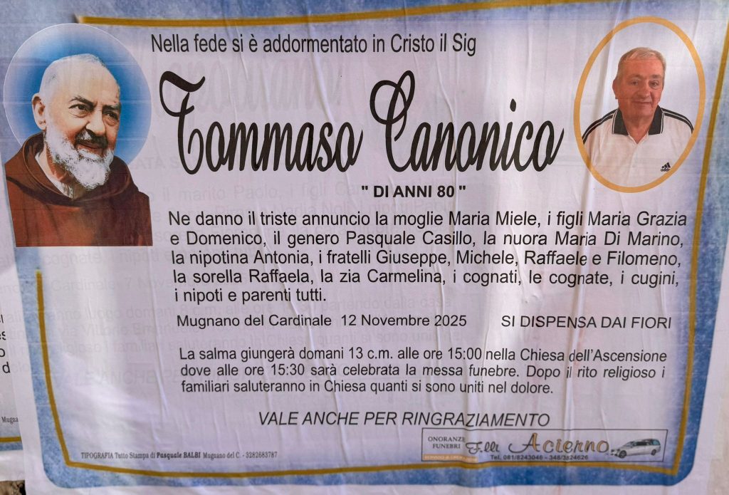 Lutto a Mugnano del Cardinale per la scomparsa di Tommaso Canonico