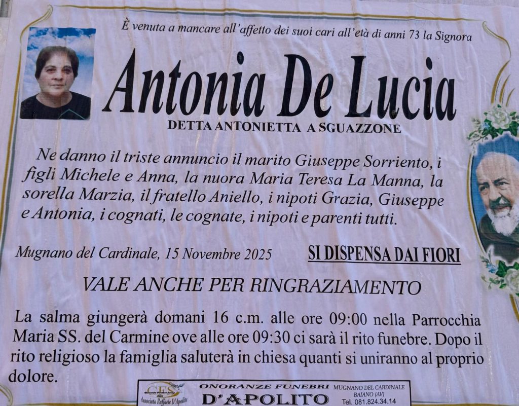 Mugnano del Cardinale dà l’ultimo saluto alla signora Antonia De Lucia