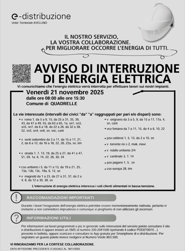 Quadrelle, nuovo stop alla corrente: interruzione dell’energia elettrica venerdì 21 novembre