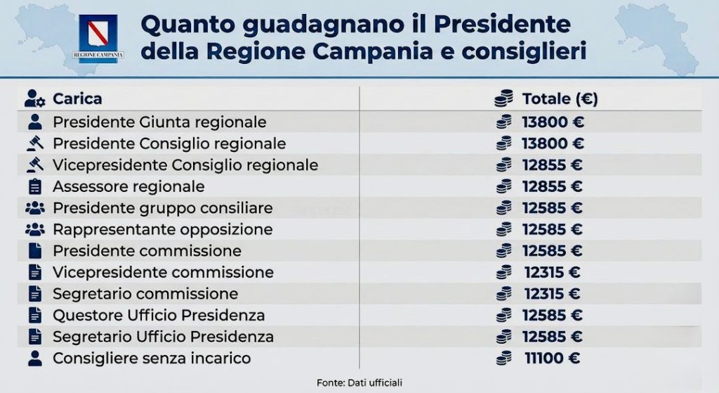 Regione Campania, quanto guadagnano presidente, assessori e consiglieri: ecco cifre e differenze reali